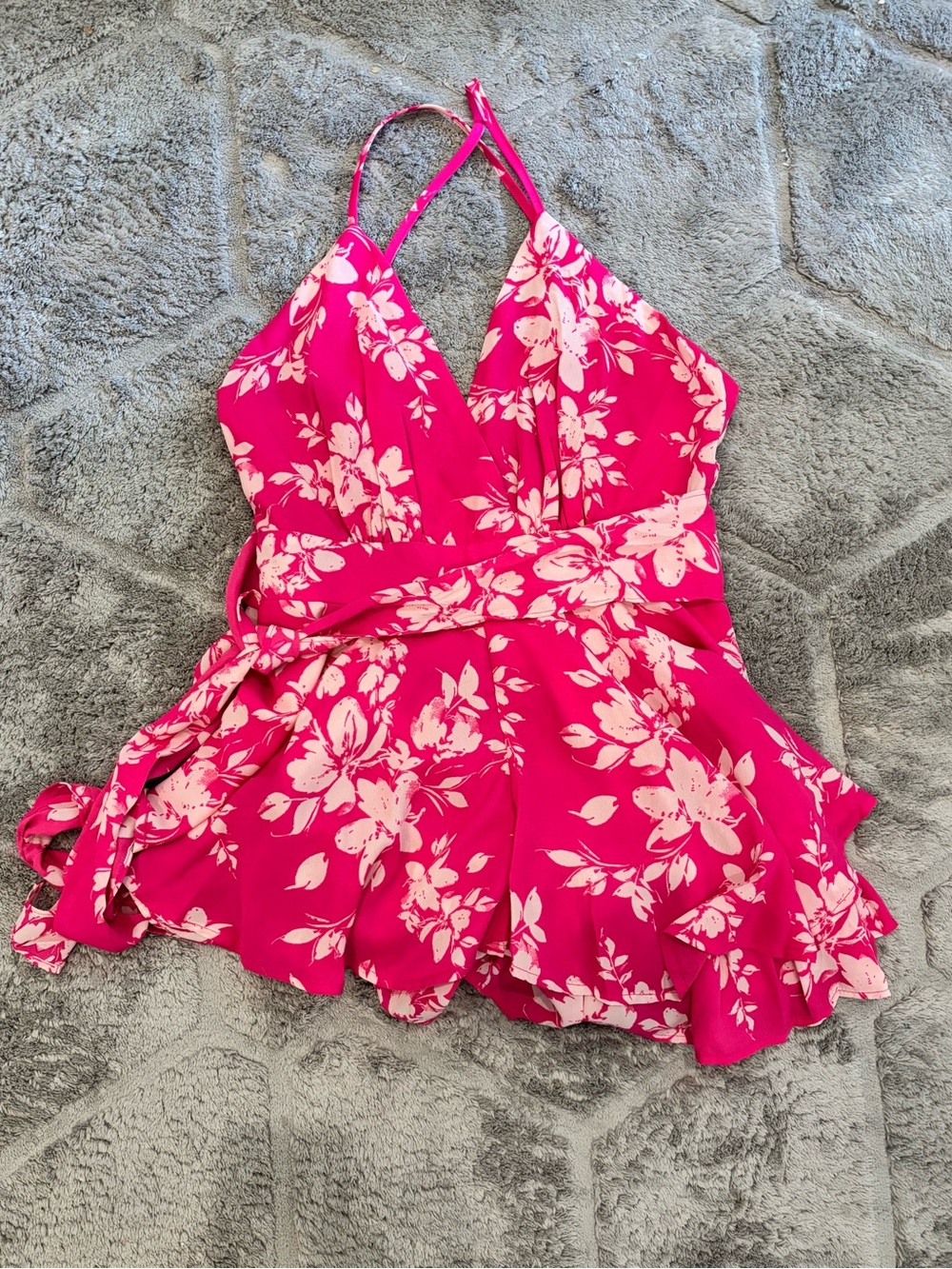 Pink Floral Romper with Tie Waist